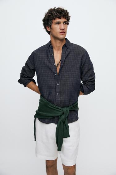 Camisa regular fit cuadros 100% lino - Plomo de Zara