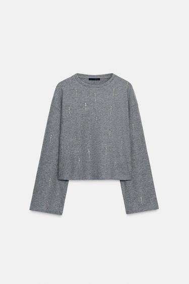 RIBBED SWEATSHIRT WITH RHINESTONES - Grey marl by Zara