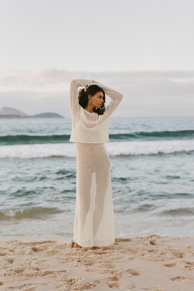 CROCHET LONG SLEEVE TOP Ecru ZARA Australia