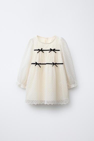 Zara EMBROIDERED TULLE DRESS WITH BOWS - Ecru - Image 0