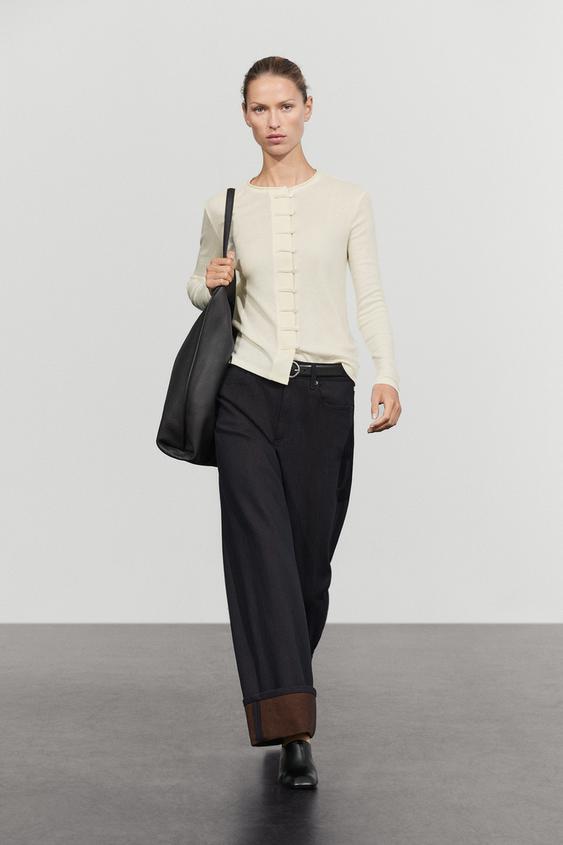 Zara Cotton blend T-shirt with button detail - Ecru - Image 0