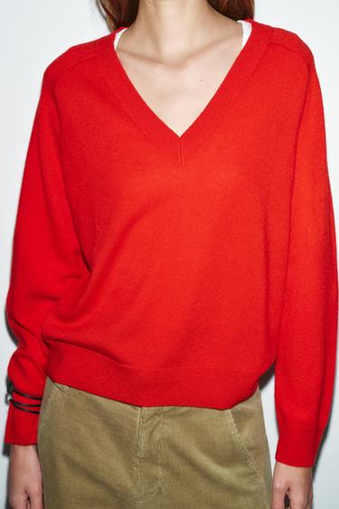 WOOL BLEND V-NECK JUMPER - Red / Coral by Zara