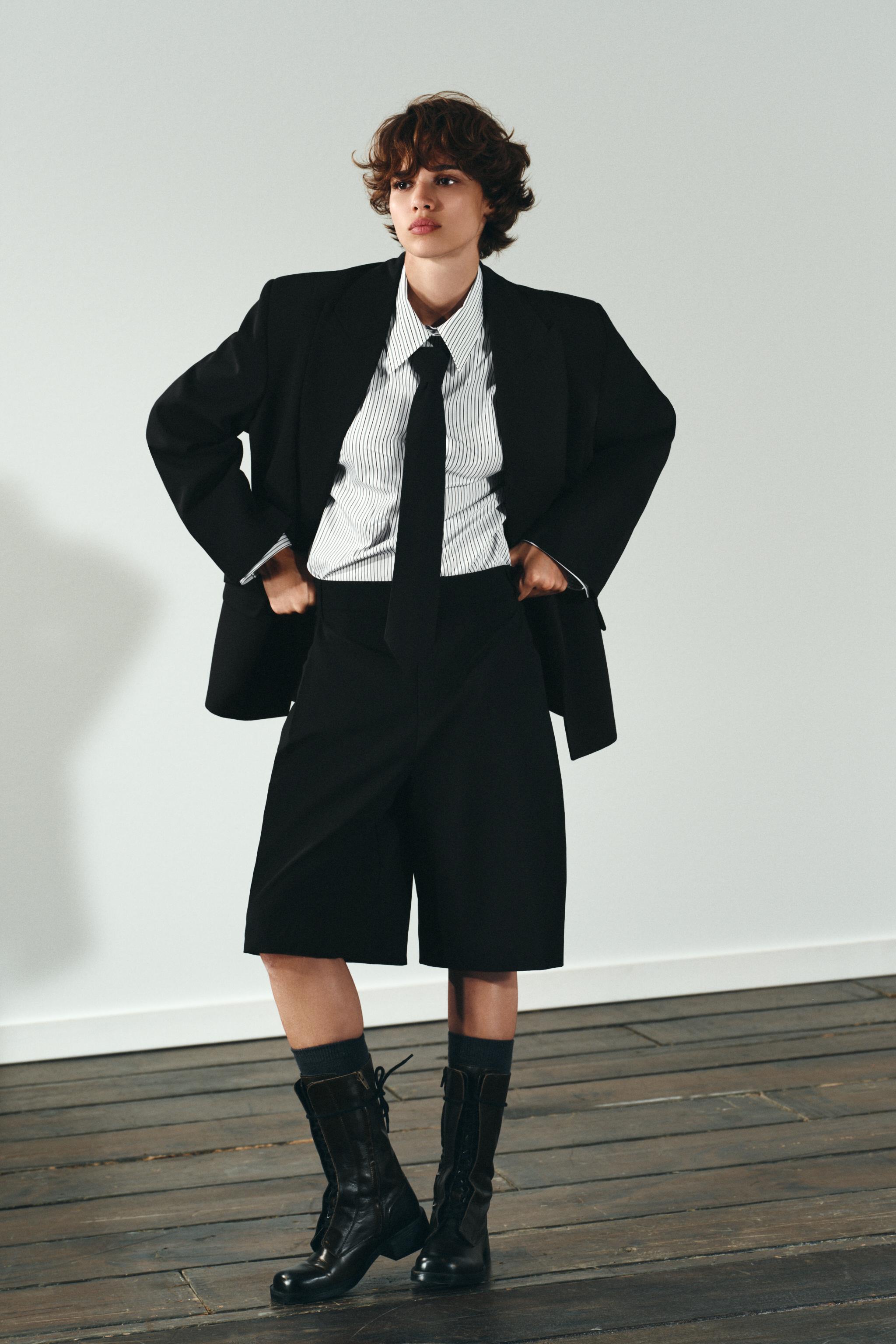 ネクタイ付きポプリンシャツ - ホワイト/ブラック | ZARA Japan / 日本