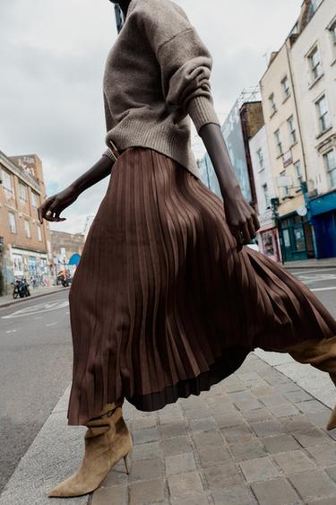BELTED FAUX SUEDE EFFECT PLEATED MIDI SKIRT - Brown by Zara - Image 4