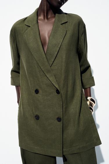 Zara LINEN BLEND DOUBLE BREASTED BLAZER - Dark khaki