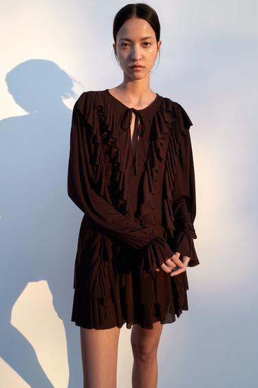 SHORT RUFFLED DRESS - Chocolate by Zara - Image 0