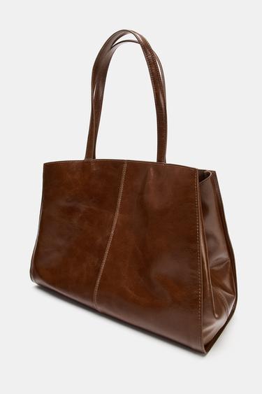 SAC SHOPPER EN CUIR AVEC SURPIQÛRES - Marron foncé de Zara - Image 3