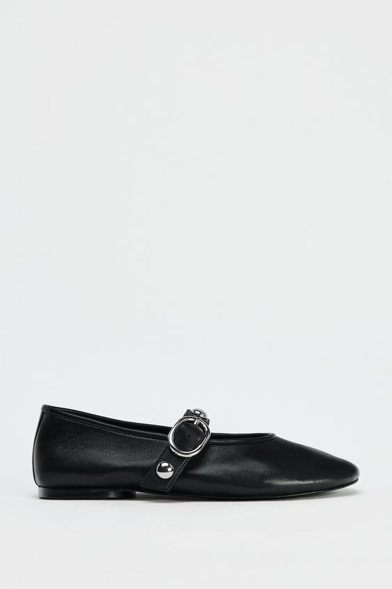 STUDDED LEATHER BALLET FLATS - Black by Zara - Image 0