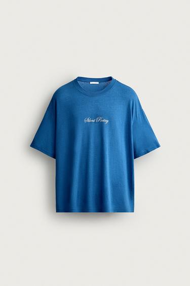 LINEN BLEND PRINTED TEXT T-SHIRT - Bluish by Zara