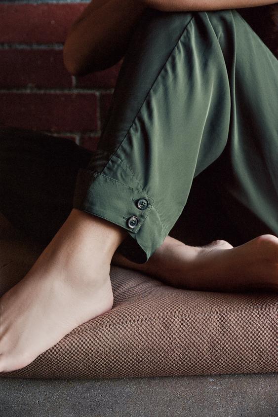 Zara SATIN HLAČE S OMČAMA – tamnozelena – Slika 0