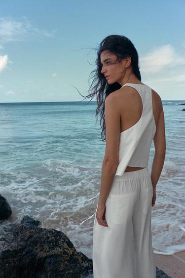 Zara PLEATED WIDE LEG PANTS - Oyster-white