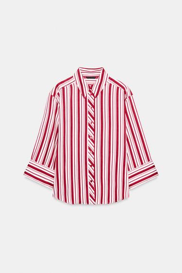Zara STRIPED TURN-UP SLEEVE SHIRT - Red / White