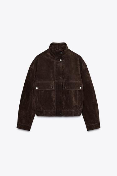 SUEDE LEATHER BOMBER JACKET WITH POCKETS - Brown marl by Zara - Image 7