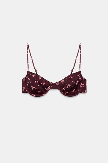 Zara UNDERWIRE FLORAL PRINT BIKINI TOP - Burgundy