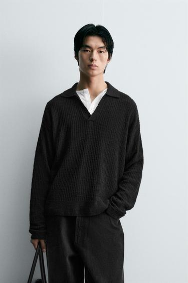 Zara 幾何紋理針織POLO衫 - 黑色