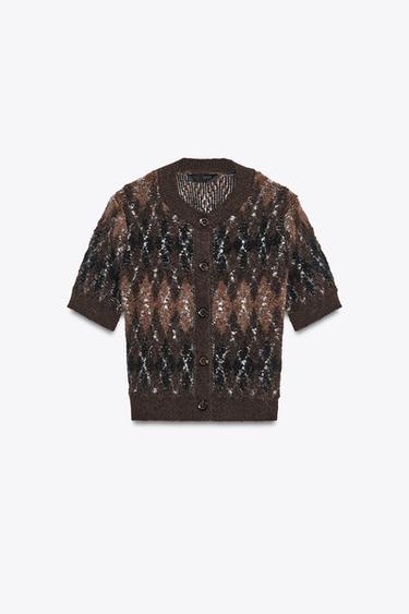 ARGYLE KNIT SHORT SLEEVE CARDIGAN - Brown by Zara - Image 0