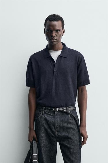 POLO EN MAILLE 100 % LIN - Bleu marine de Zara