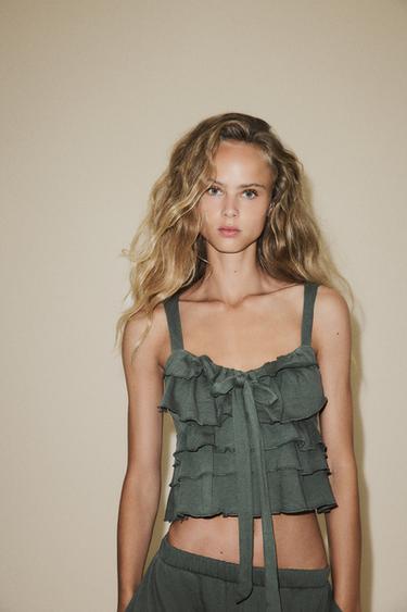 TOP IN FELPA CON VOLANT - Verde di Zara