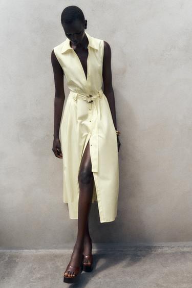 ROBE MIDI EN POPELINE CEINTURE - Jaune de Zara - Image 3