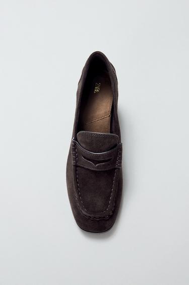 Zara SPLIT SUEDE HEEL LOAFERS - Brown