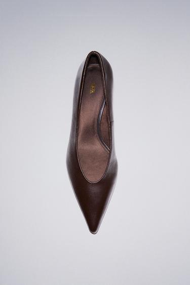 Zara LEATHER KITTEN HEEL SHOES - Chocolate Brown