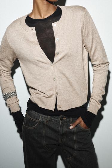 WOOL BLEND CARDIGAN WITH LONG SLEEVES - Mink by Zara