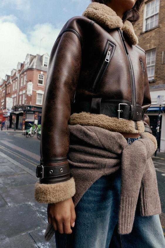Shearling Jacket Zara Manteau Cuir Femme Veste En Daim Marron