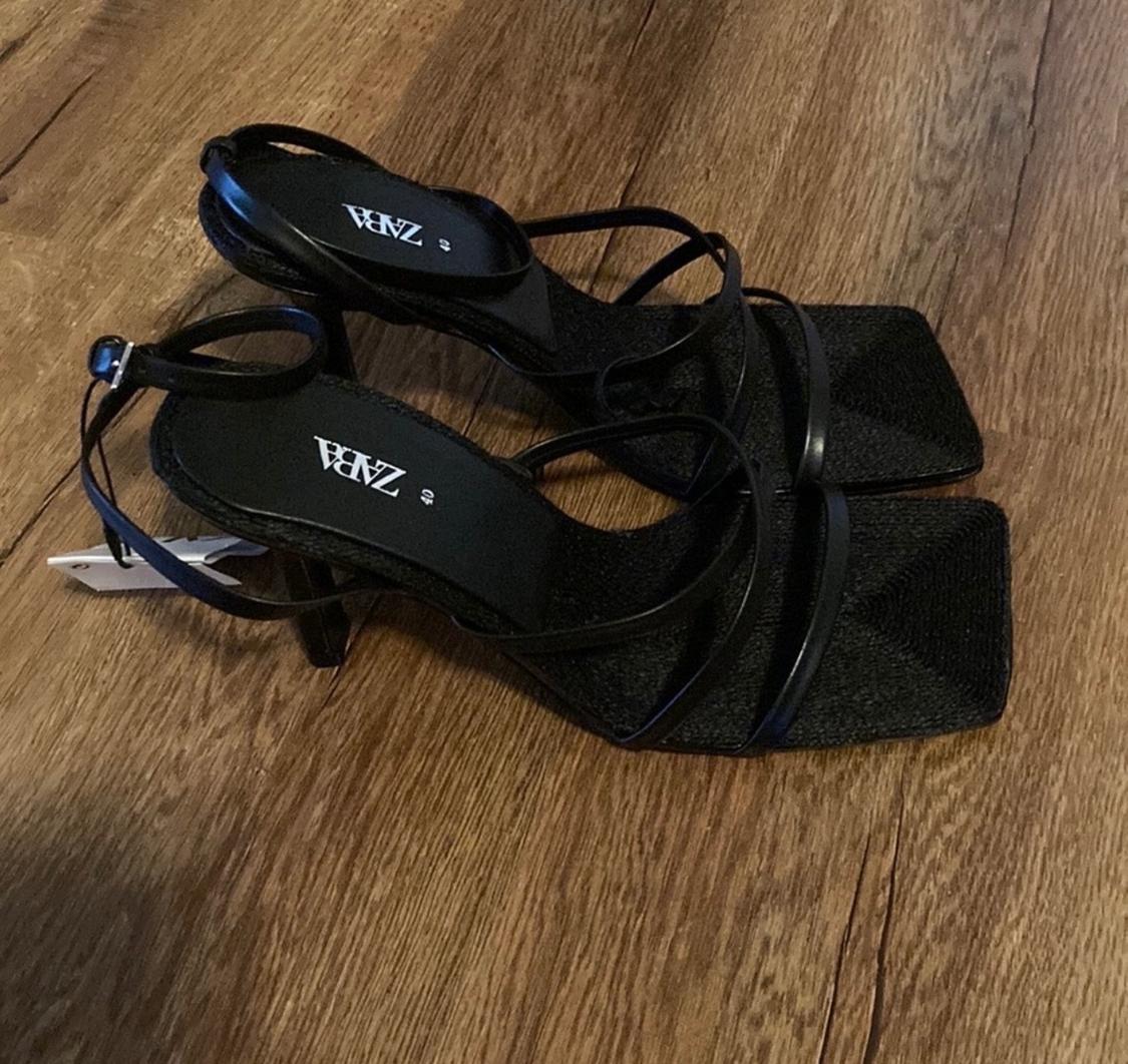 ZARA BLACK HEELED LEATHER SANDALS WITH JUTE INSOLE SIZE 40 US9 - Image 4