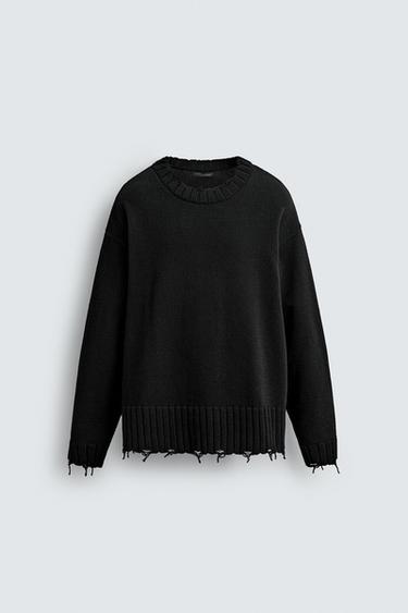 Zara TEXTURED RIPPED SWEATER - Black