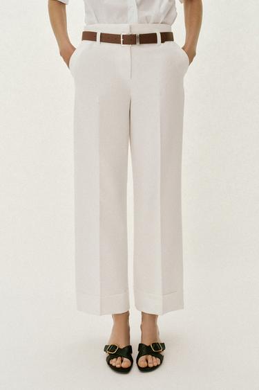 TROUSERS WITH TURN-UP CUFFS AND BELT - White by Zara