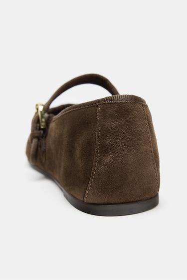 Zara SUEDE BALLET FLATS - Chocolate Brown