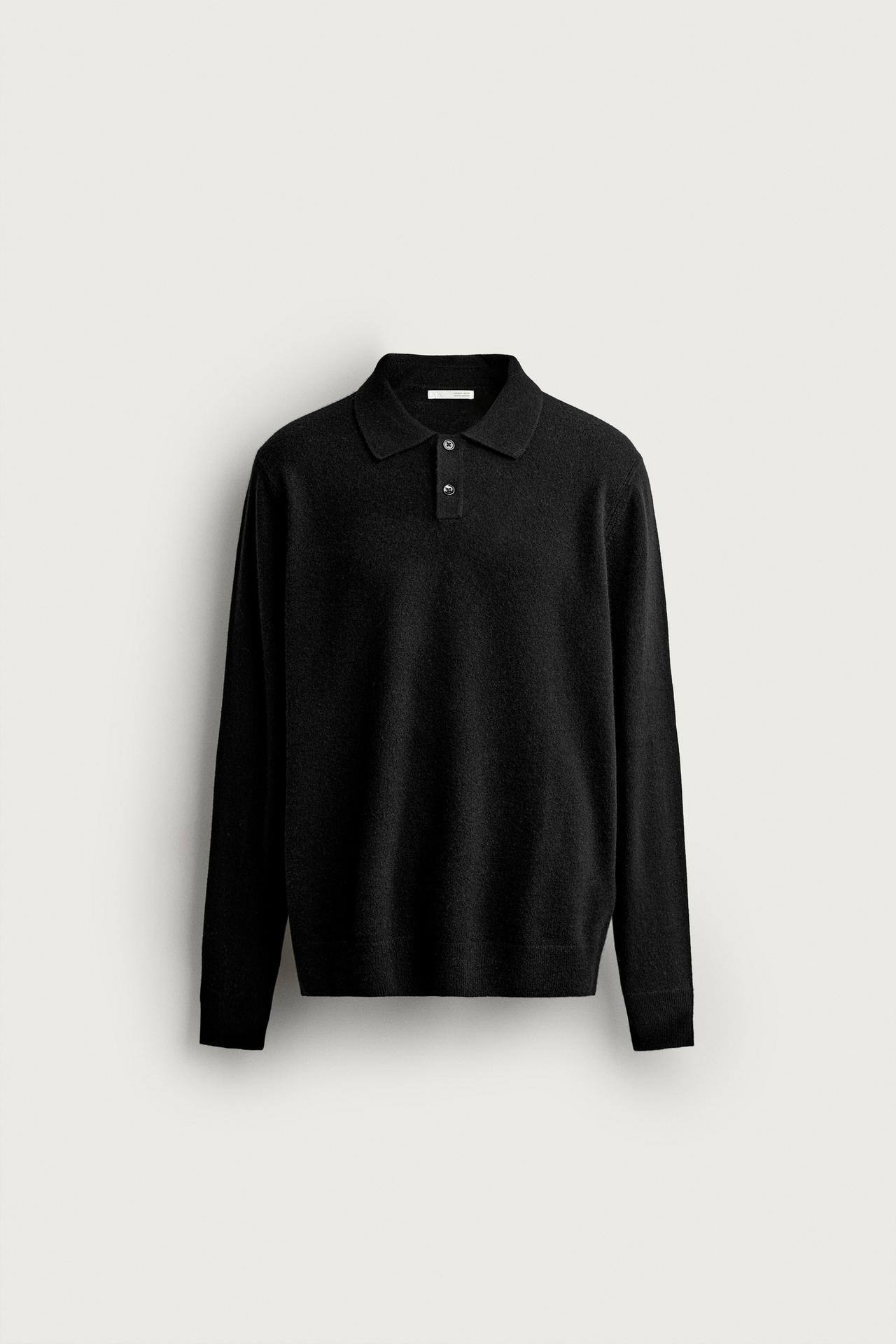WOOL BLEND REGULAR FIT KNIT POLO — Black