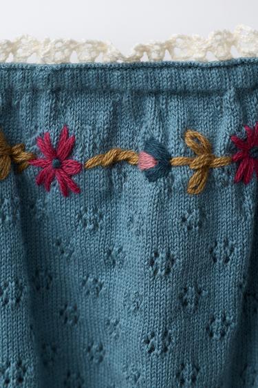 KNIT TOP WITH EMBROIDERED FLOWERS AND LACE TRIM - Mid-blue by Zara - Image 3