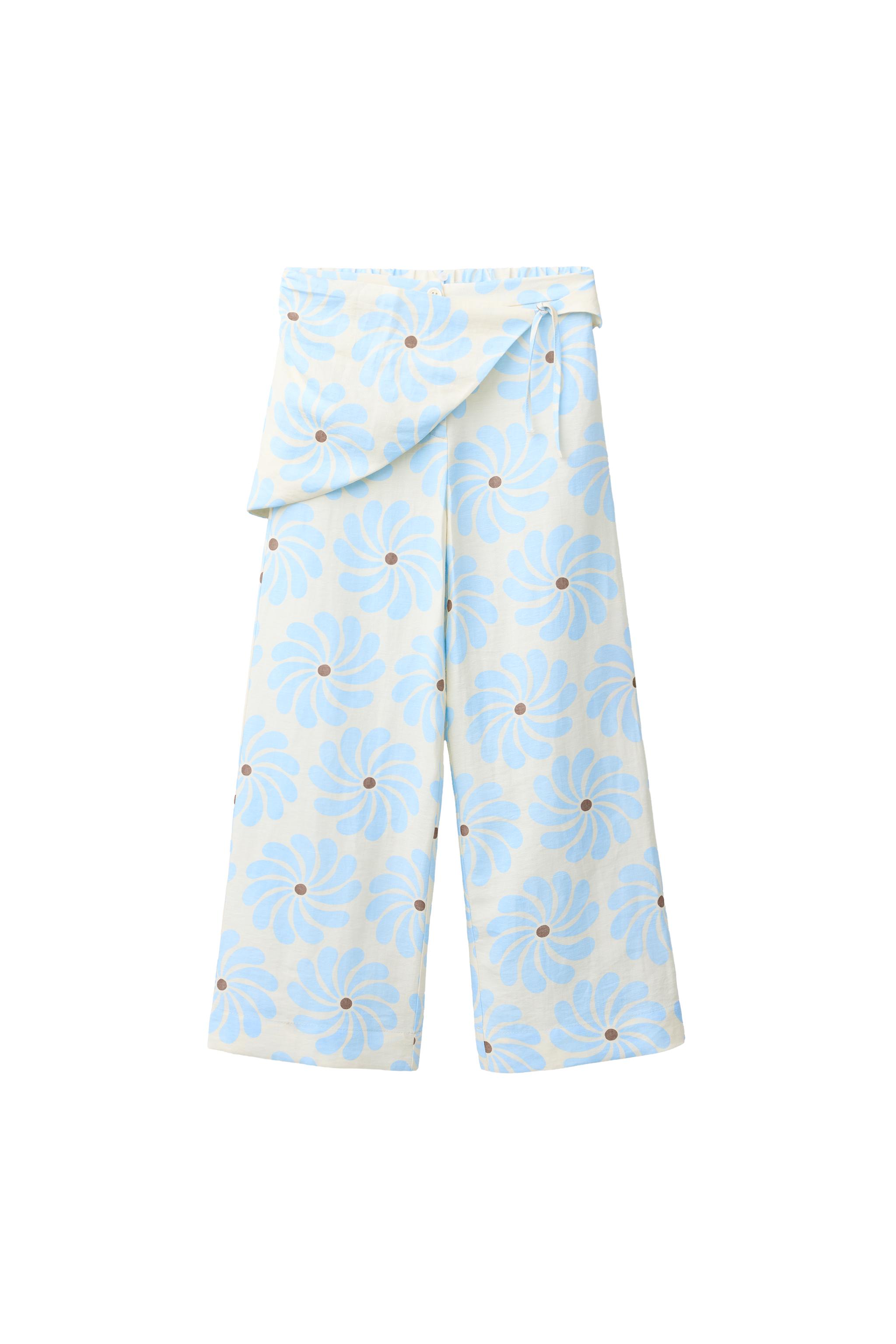 ワイドレッグプリントパンツ - エクリュ/ブルー | ZARA Japan / 日本 ワイドレッグプリントパンツ - エクリュ/ブルー | ZARA Japan / 日本