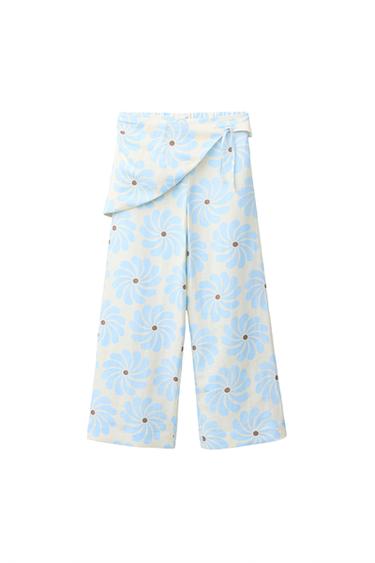 Zara WIDE LEG PANTS WITH DETACHABLE PAREO PRINT - Ecru / Blue