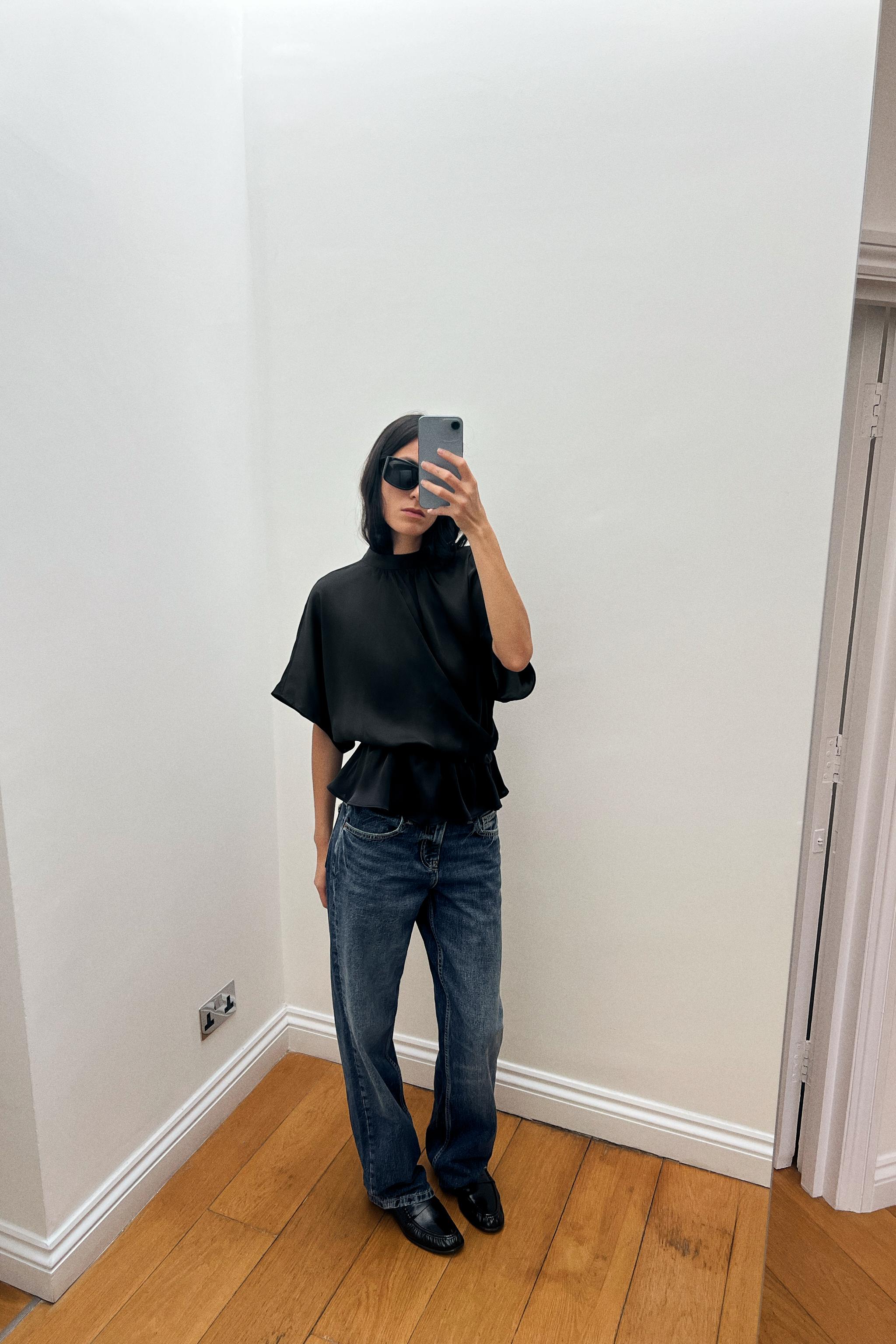 DRAPED SATIN BLOUSE — Black