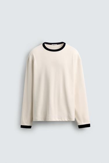 LONG SLEEVE T-SHIRT WITH CONTRAST RIB - Oyster-white by Zara - Image 0