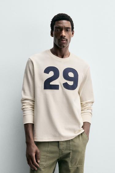 Zaras T-SHIRT VÅFFLAD STRUKTUR NUMMER - Naturfärg