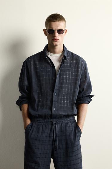 RELAXED FIT LINEN/COTTON JACQUARD CHECK SHIRT - Navy blue by Zara