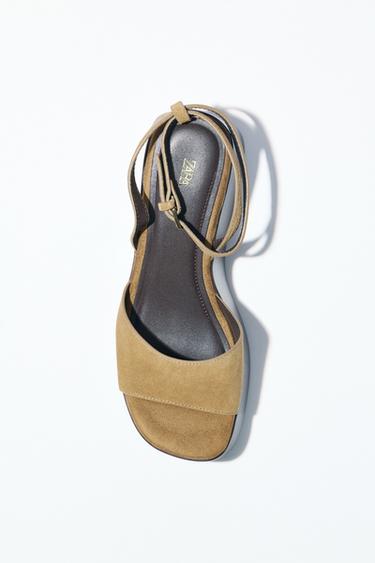 Zara SPLIT LEATHER PLATFORM SANDALS - Dark tan