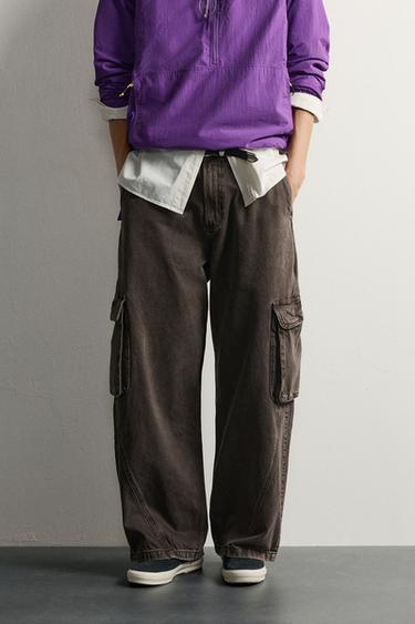 RELAXED FIT SEWN CARGO PANTS — Brown 2