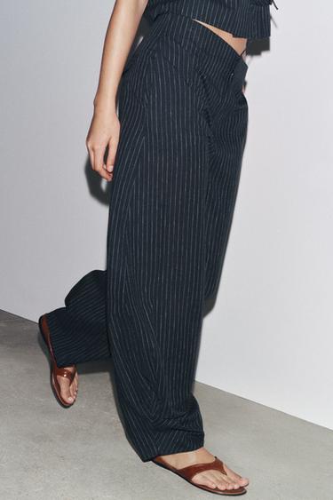 STRIPED BALLOON LINEN BLEND TROUSERS ZW COLLECTION - navy by Zara