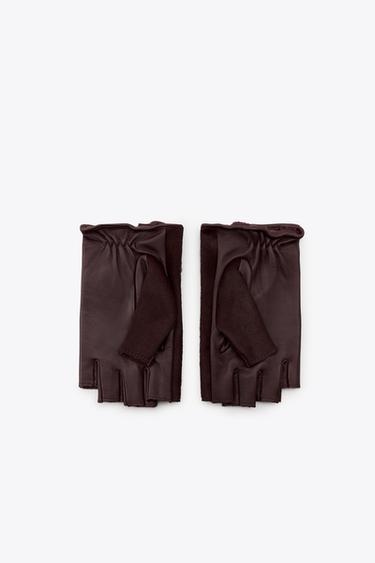 FAUX FUR TRIM LEATHER MITTENS - Burgundy by Zara