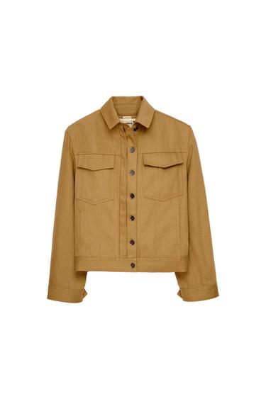 Front view of a brown jacket with front flap pockets and a central button closure.