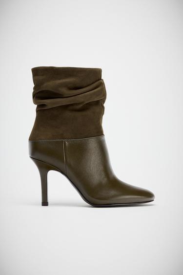 CRINKLE-EFFECT LEATHER ANKLE BOOTS - Dark Khaki Green by Zara