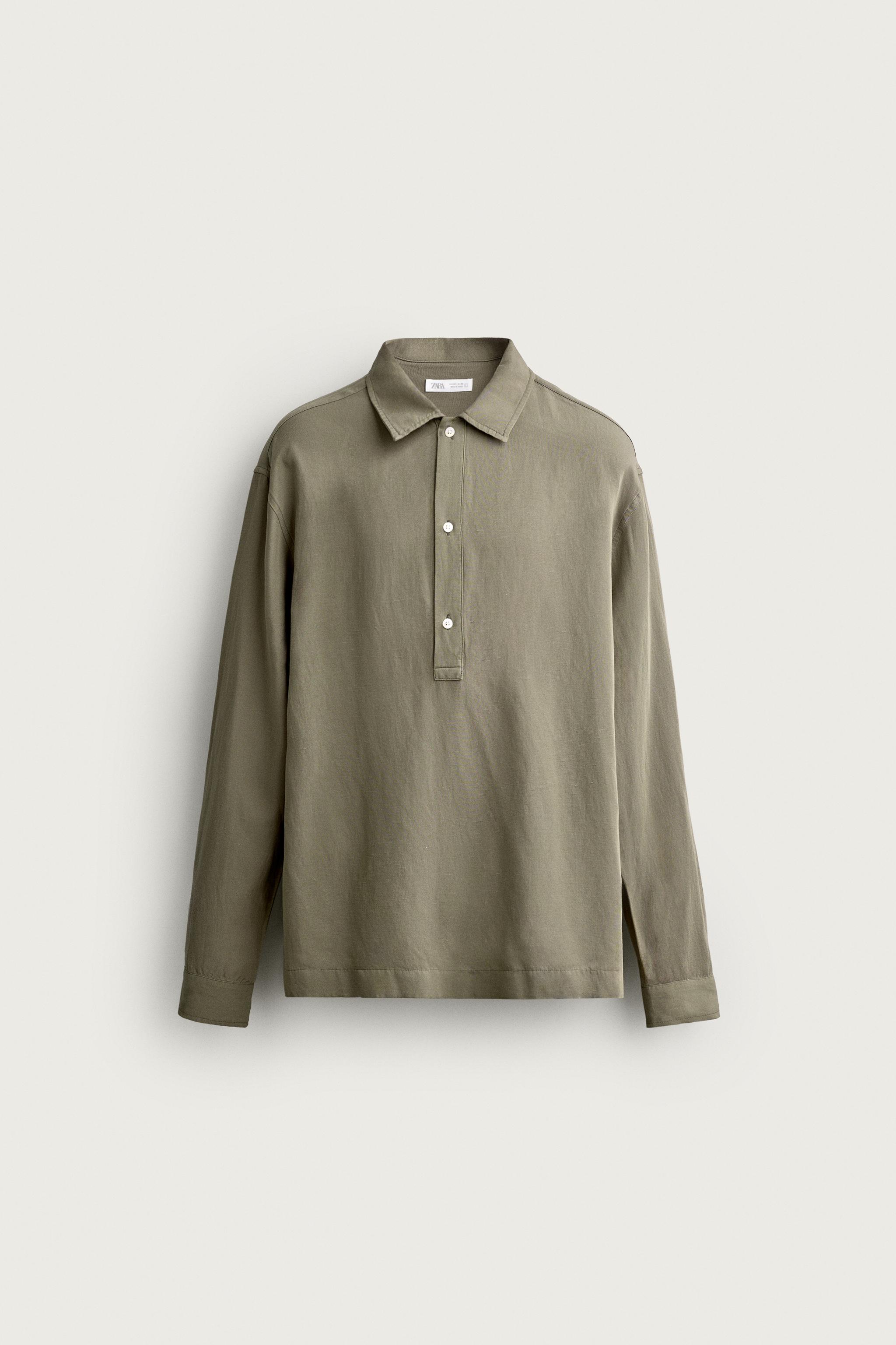 REGULAR FIT VISCOSE-LINEN POLO SHIRT — Olive green