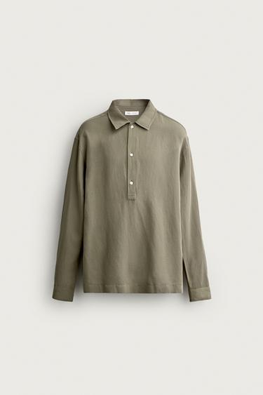VISCOSE/LINEN REGULAR FIT POLO SHIRT - Olive green by Zara