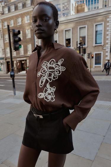 TEXTURED FLORAL SHIRT - Brown by Zara - Image 1