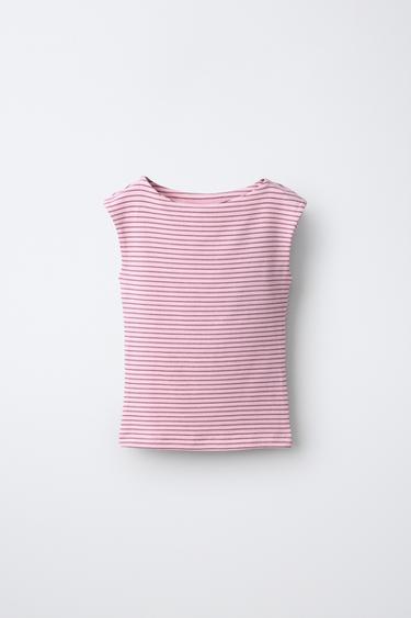 COTTON-MODAL STRIPED T-SHIRT — Pink 1
