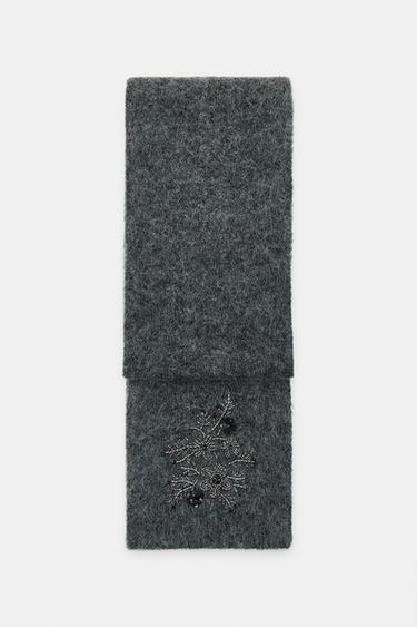 Zara KNIT SCARF WITH EMBROIDERED FLOWERS AND BEADS - Gray